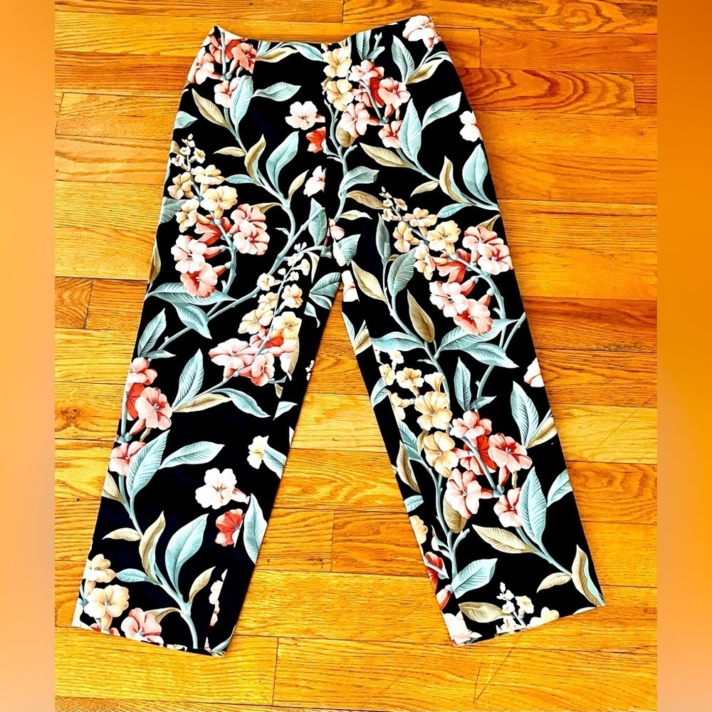 Talbots Silk Cotton Floral Capri Pants 10P Black Botanical Tapered Side Zip VTG